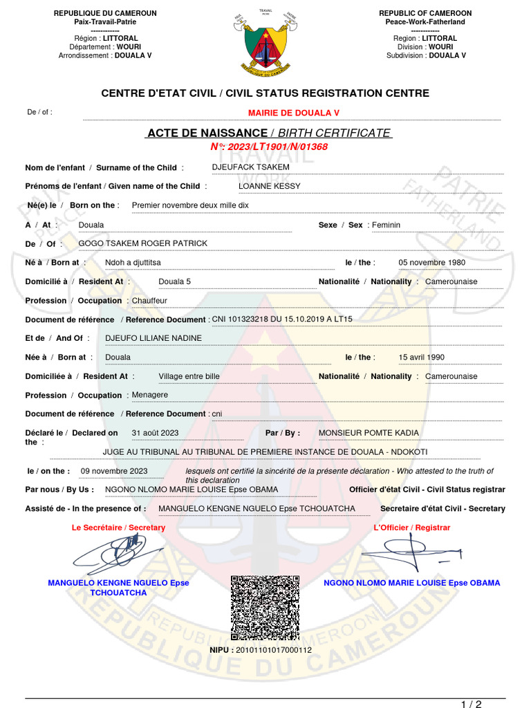Acte de naissance au Cameroun 2023 | PDF | Institutions sociales ...