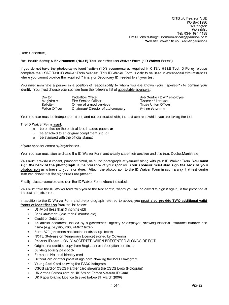Citb hse test id waiver form and letter apr 22 pdf identity