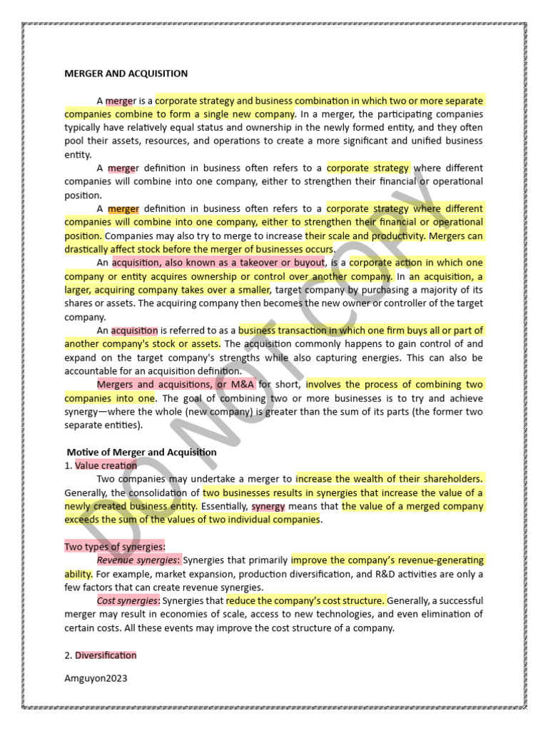 M&A Strategies and Synergies | PDF | Mergers And Acquisitions ...