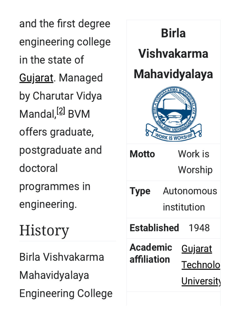 Birla Vishvakarma Mahavidyalaya Overview | PDF | Higher Education ...