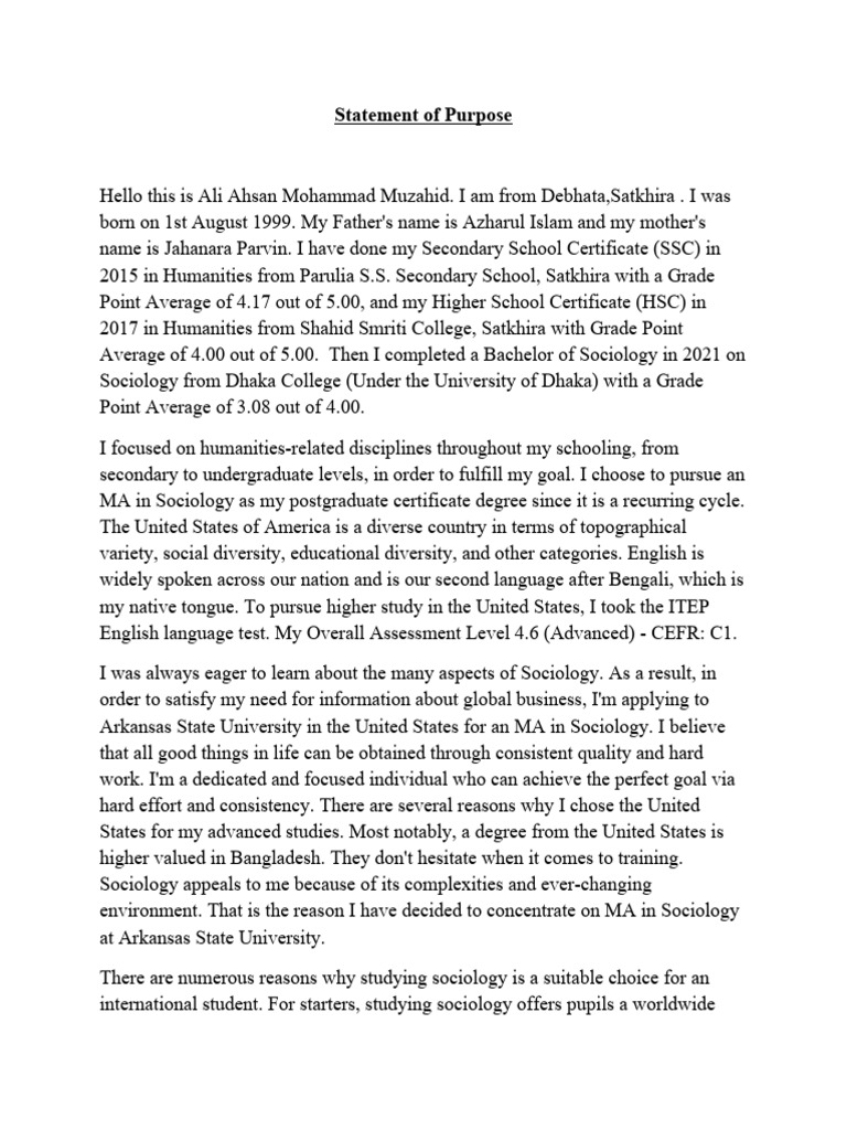 Statement of Purpose (Ali Ahsan Mujahid) | PDF | Sociology | Science