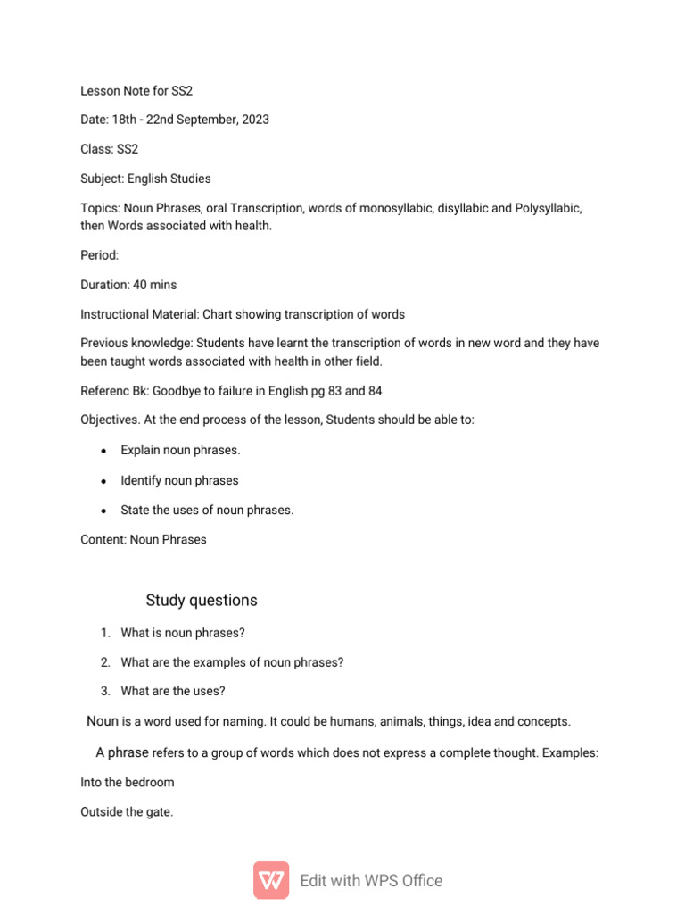 Lesson Note For SS2 (Week 3) - WPS Office | PDF | Noun | Phrase