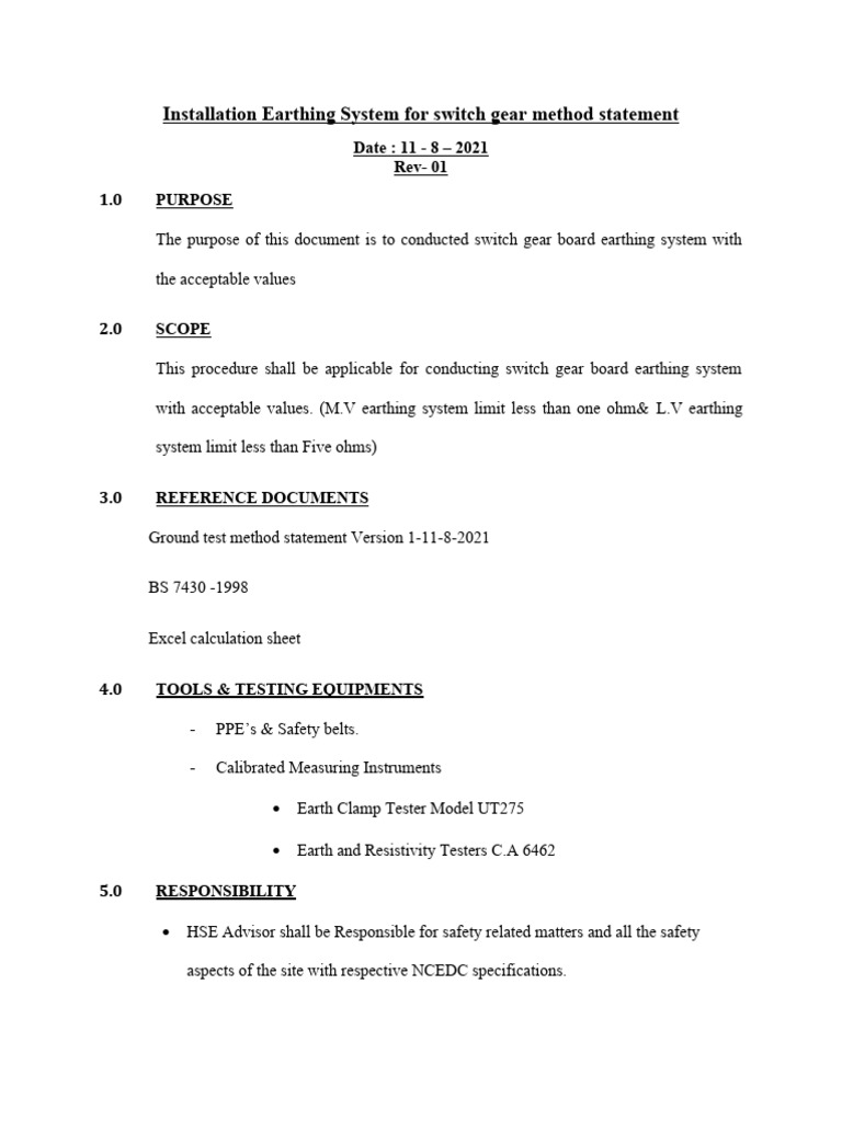 Installation Earthing System For Switch Gear Method Statement PDF