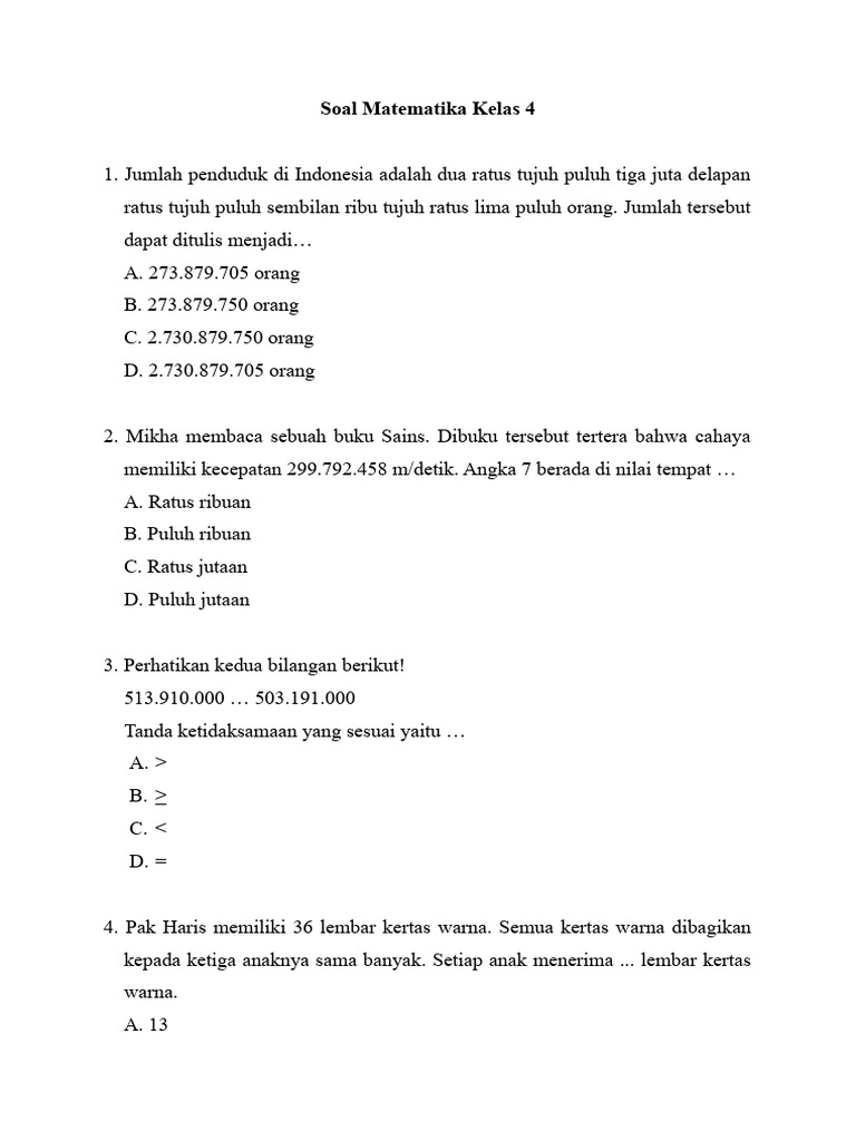 Soal Matematika Kelas 4 Pdf