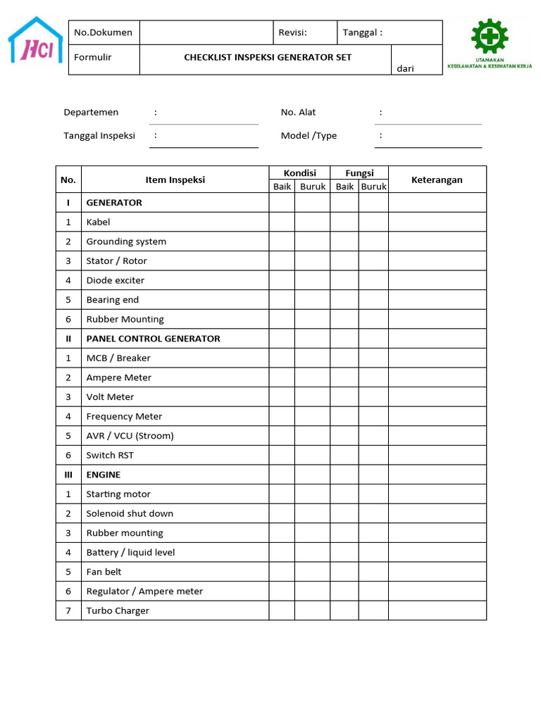 Form Check List Inspeksi Generator Set Hci | PDF