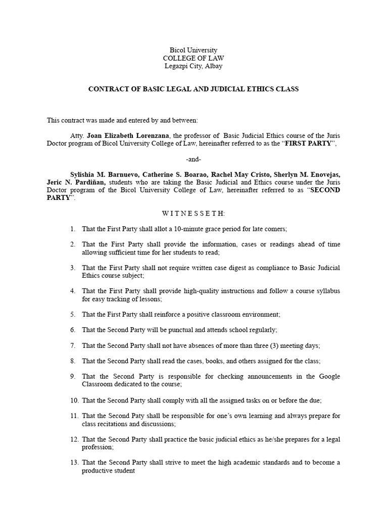 Law Students' Ethics Class Contract | PDF | Learning | Behavior ...