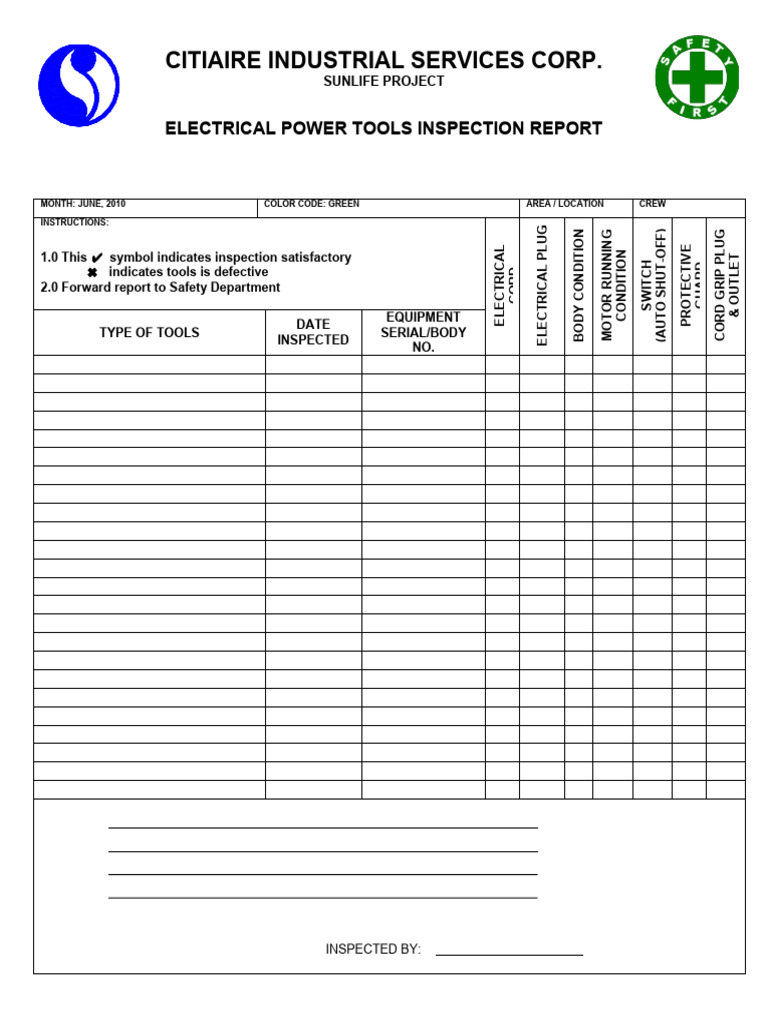 Electrical Power Tools Checklist PDF