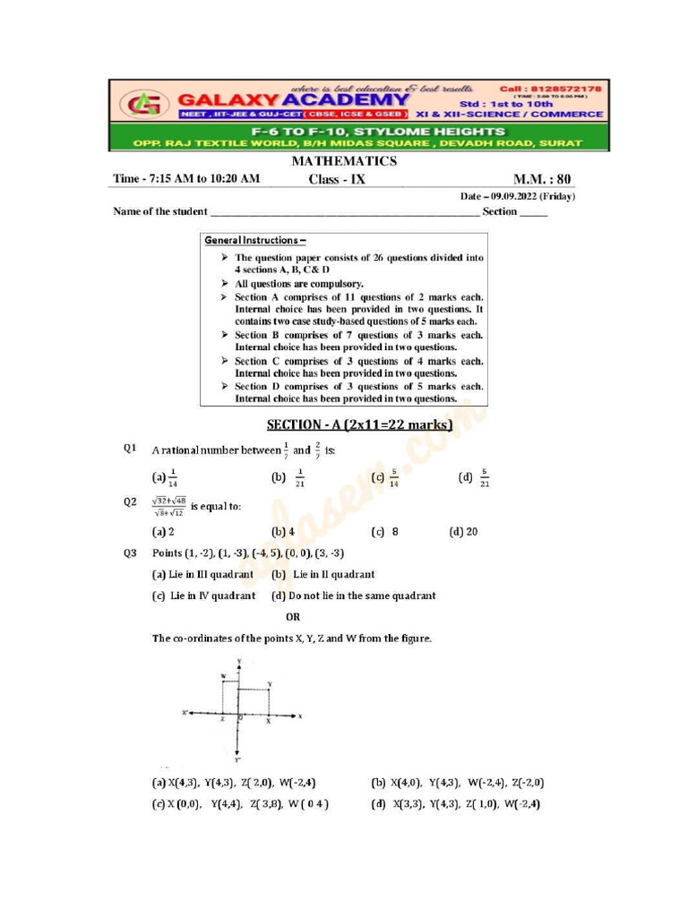 Class 9 Maths Question Paper PDF