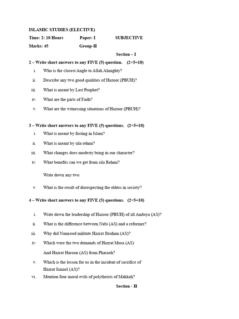 Islamic Studies Elective Exam Paper | PDF | Language Arts & Discipline ...