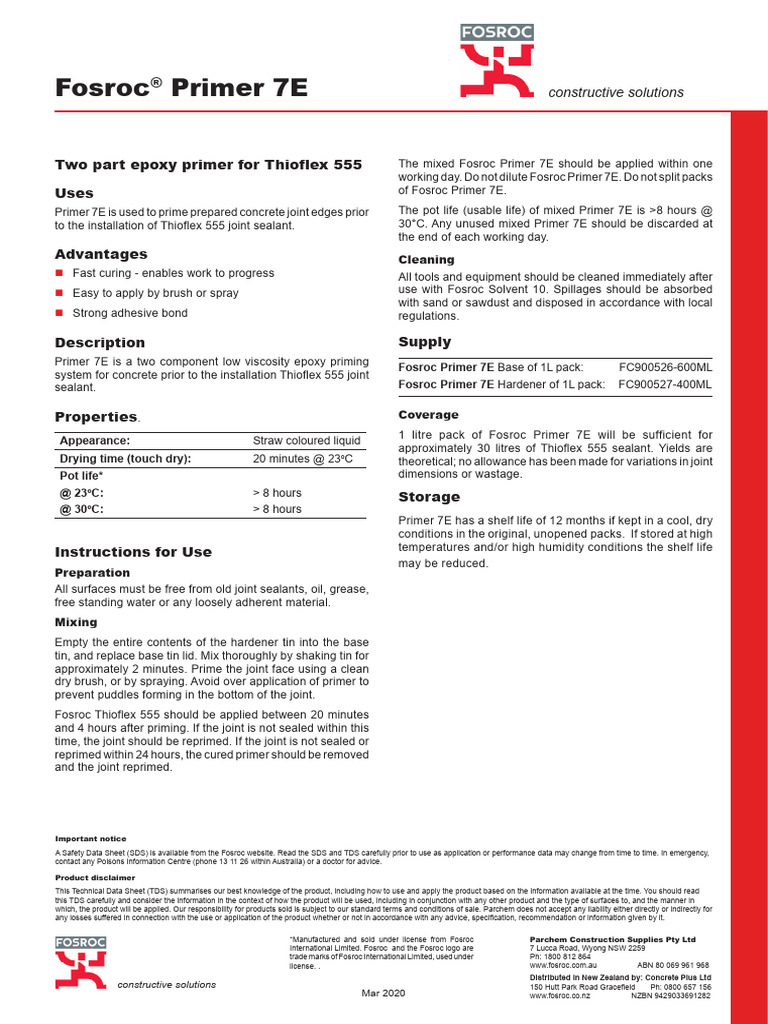 Fosroc Primer 7E TDS PDF Epoxy Adhesive