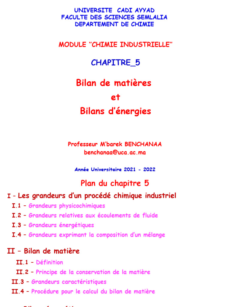 Bilan de matière en chimie industrielle | PDF | Chaleur | Enthalpie de ...