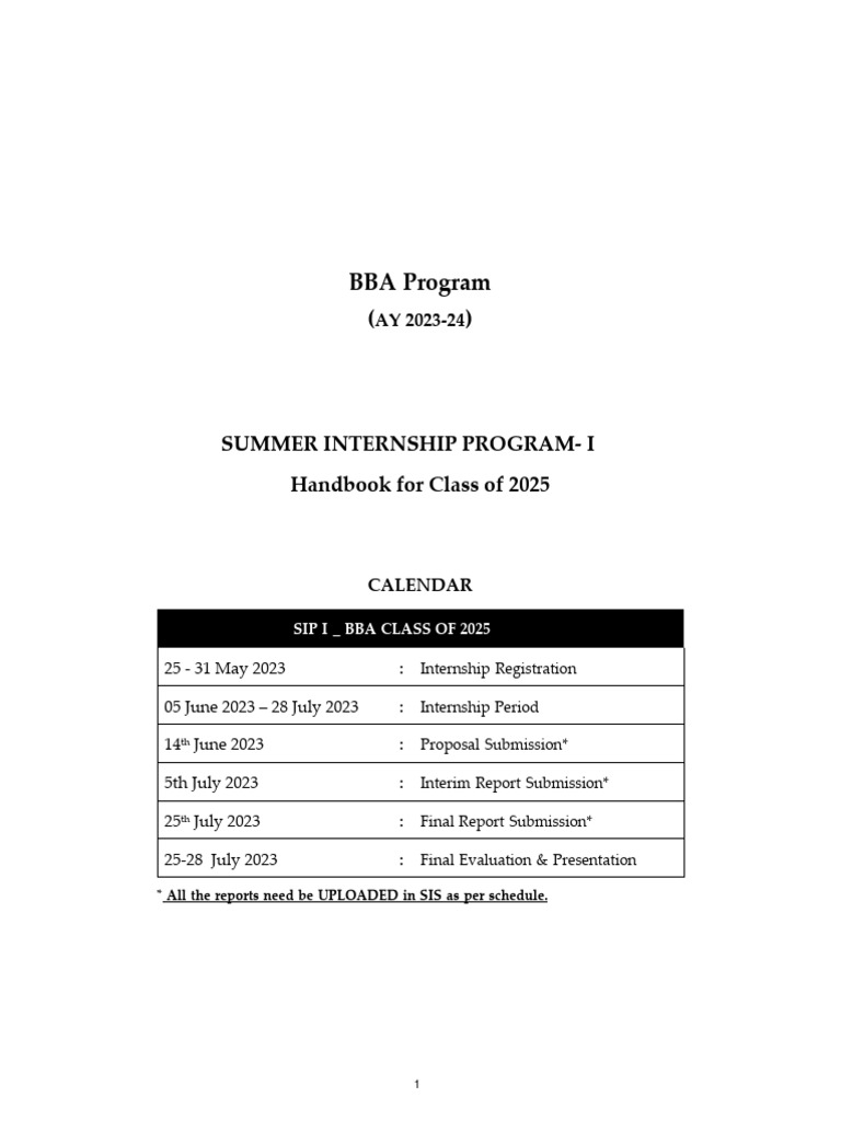 BBA Program Summer Internship ProgramI Handbook For Class of 2025