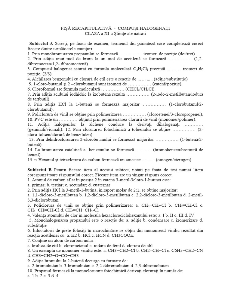 Fișă Recapitulativă 1 - Compuși Halogenati | PDF