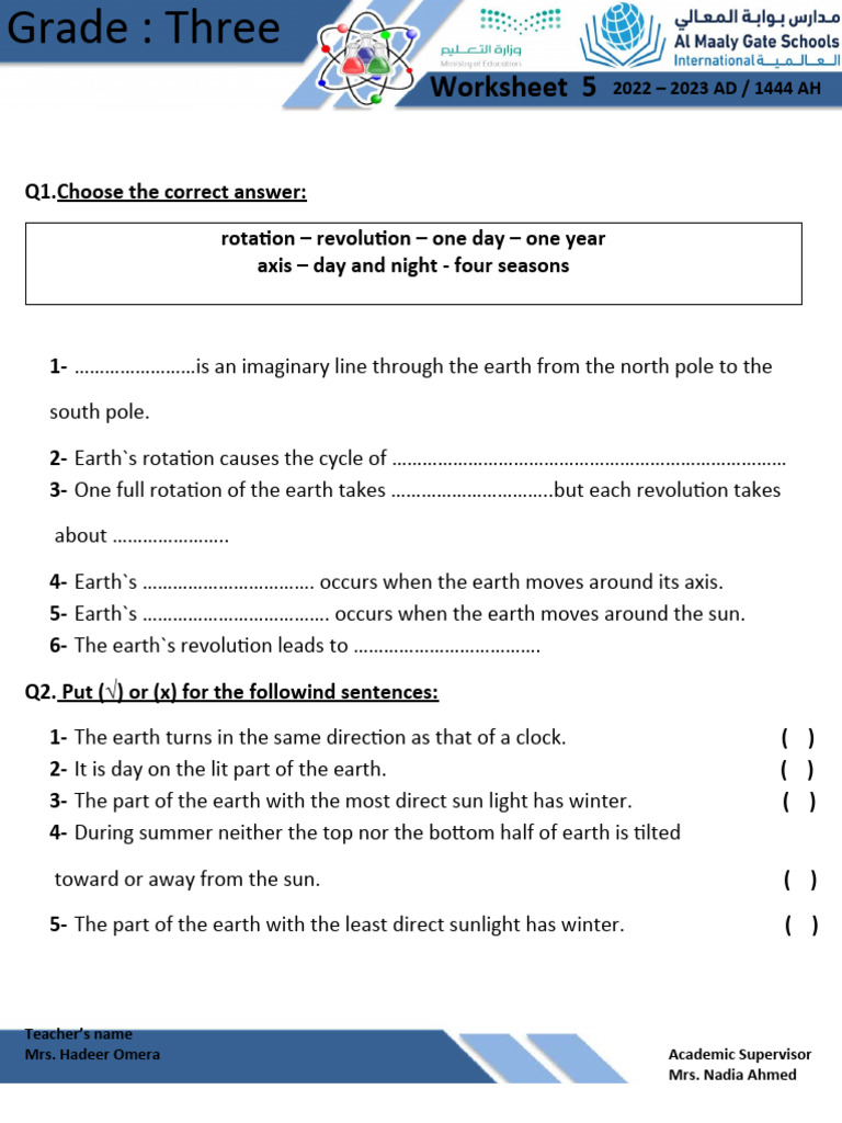 Earth Rotation and Revolution Worksheet | PDF