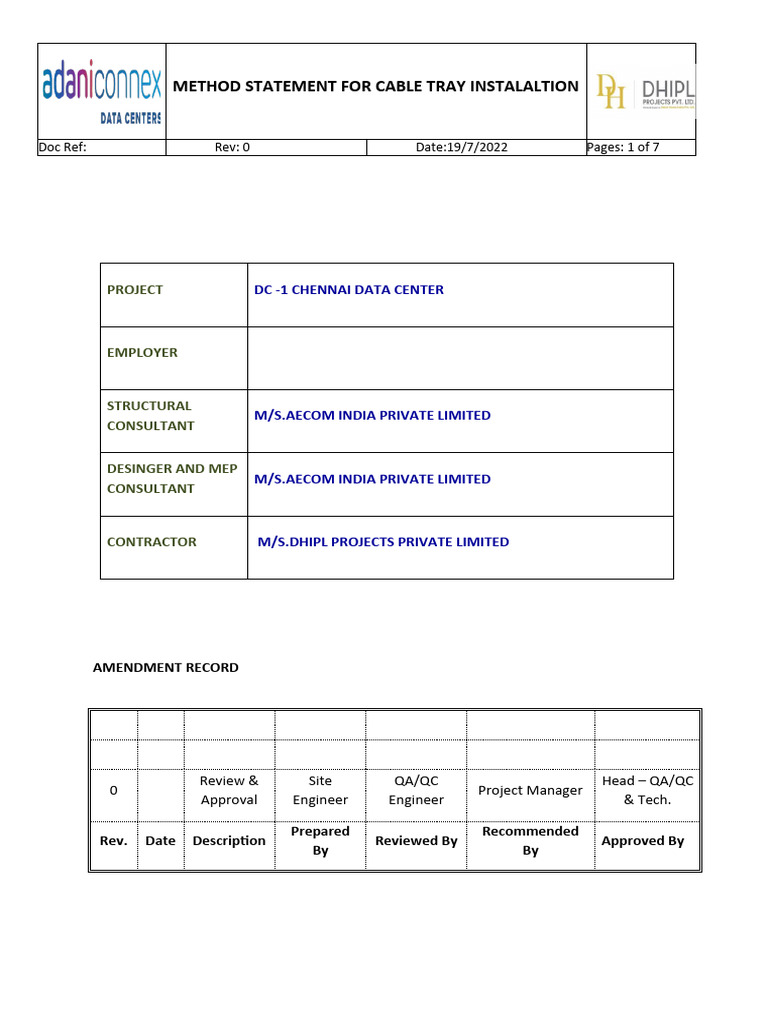 Method Statement For Cable Tray Installation PDF Electrician