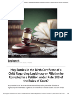 May Entries in The Birth Certificate of A Child Regarding Legitimacy or Filiation Be Corrected in A Petition Under Rule 108 of The Rules of Court?