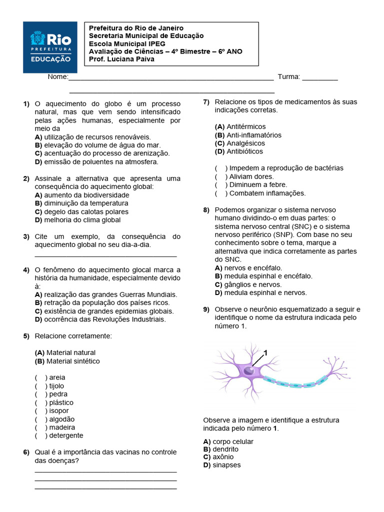 Avaliação de Ciências - 6º Ano | PDF | Nervo | Sistema nervoso central