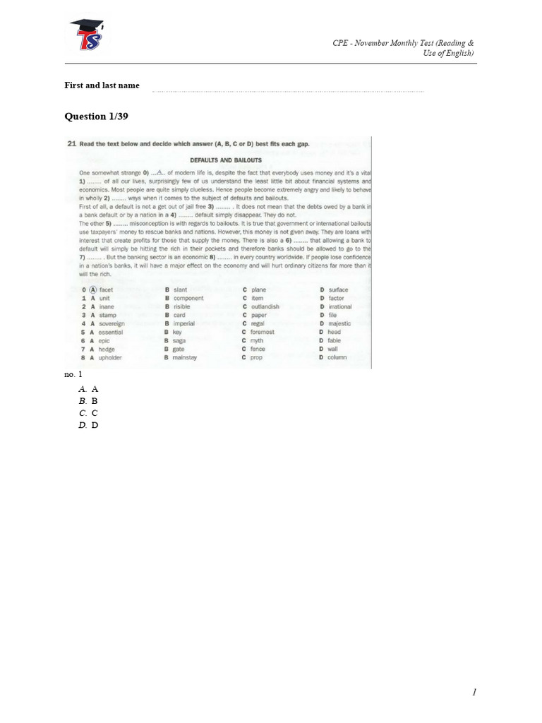 CPE - November Monthly Test (Reading & Use of English) - Questions ...