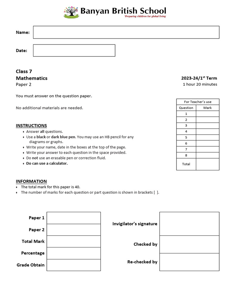 Class 7 Maths Paper 2 - 2023 Exam | PDF | Numbers | Mathematics