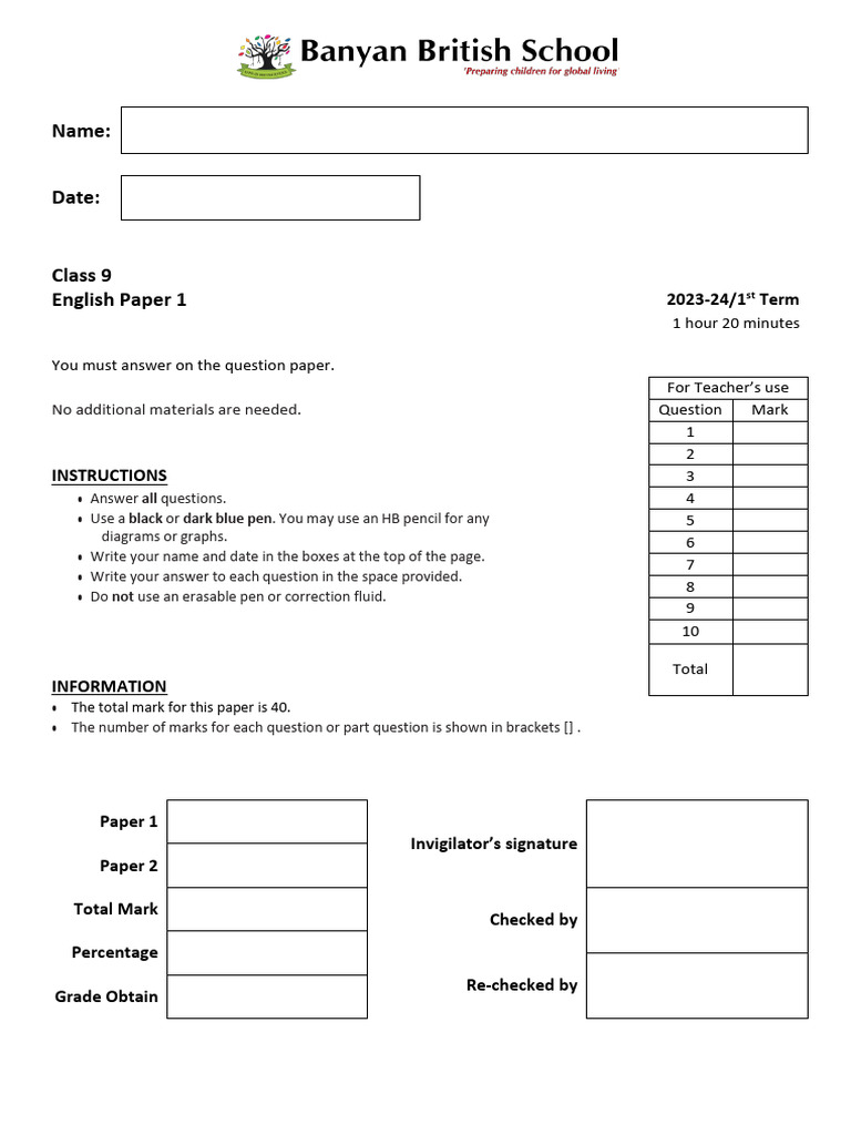 9TH CLASS ENGLISH QUESTION PAPER 2023 PDF TERM 1 visual data 6
