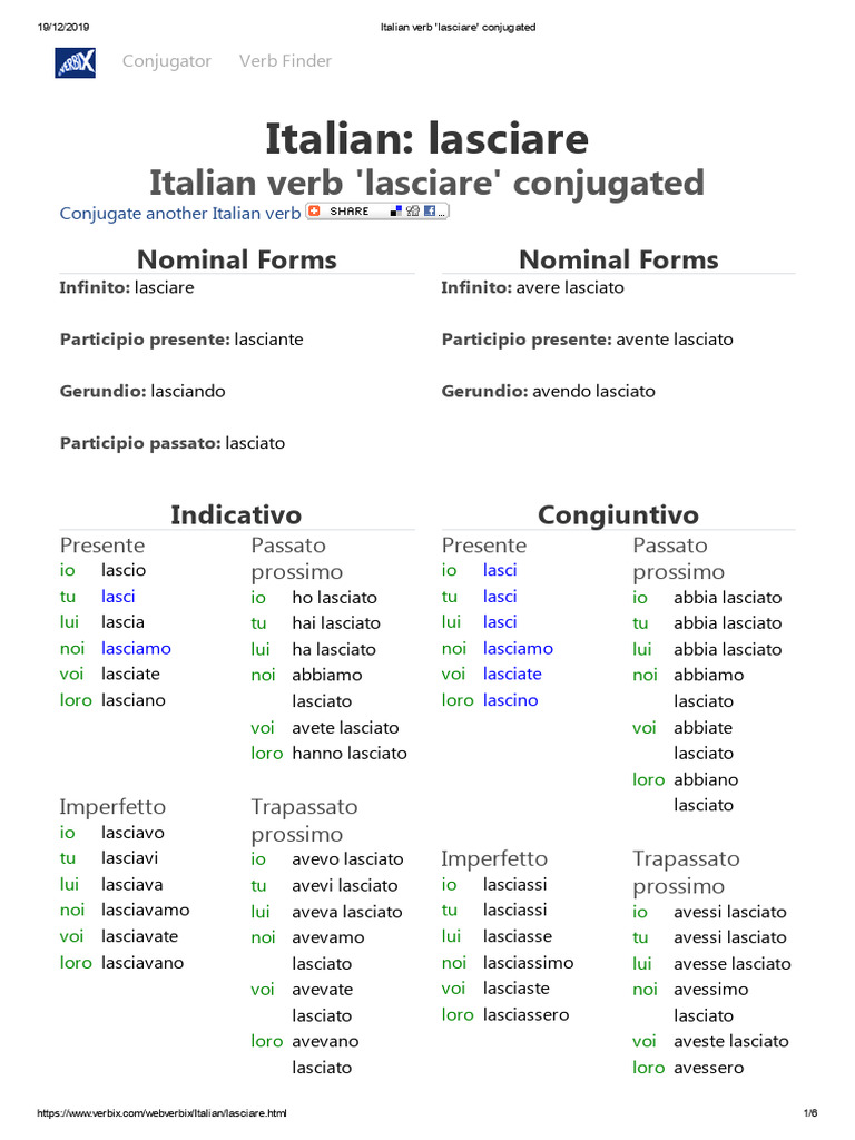 Italian Verb 'Lasciare' Conjugated | PDF