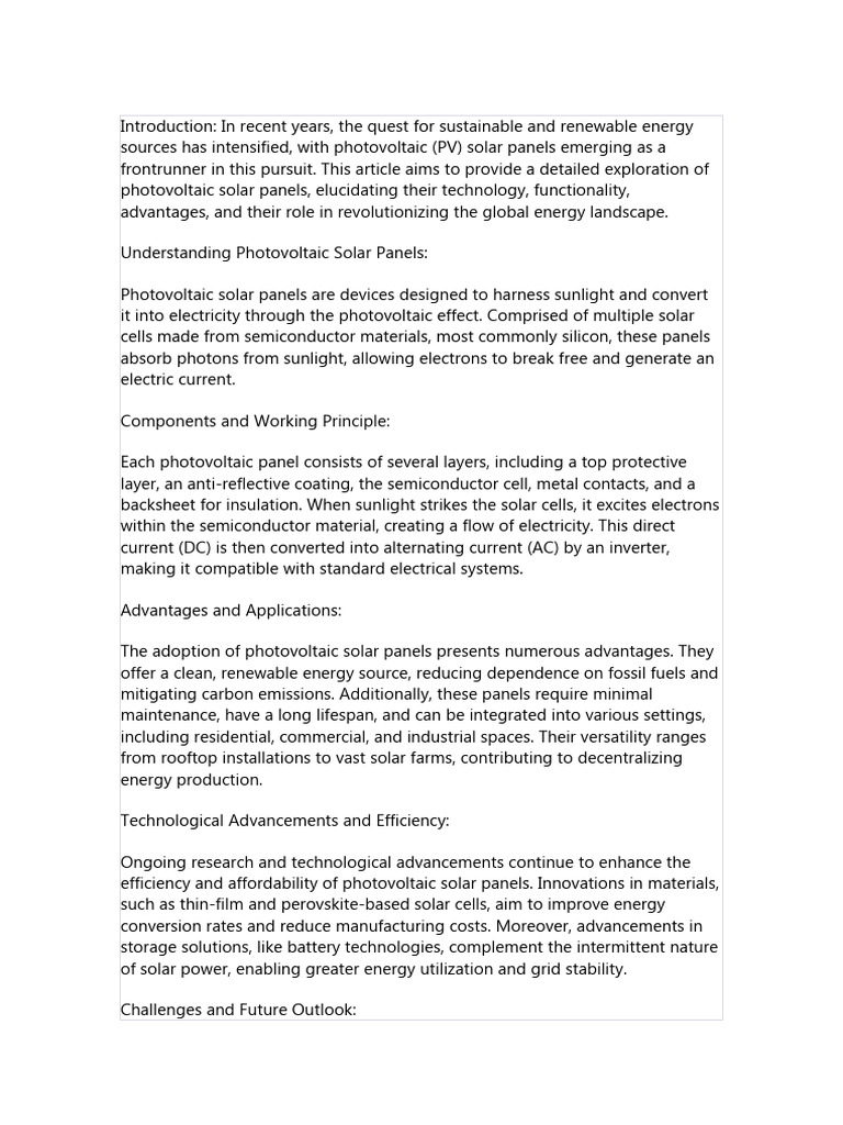 Unlocking Sustainable Energy - A Comprehensive Overview of Photovoltaic ...