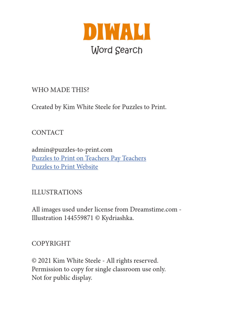 Diwali Word Search PDF Word Search Document