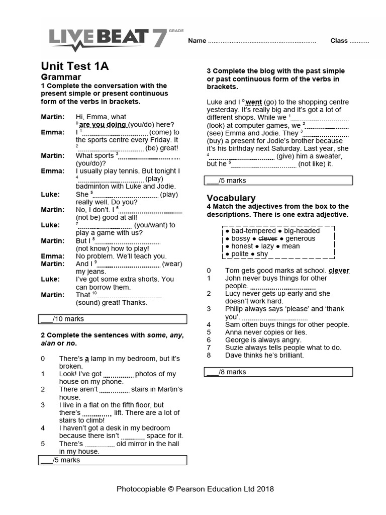 Unit Test 1A: English Grammar & Vocabulary | PDF | Language Arts ...