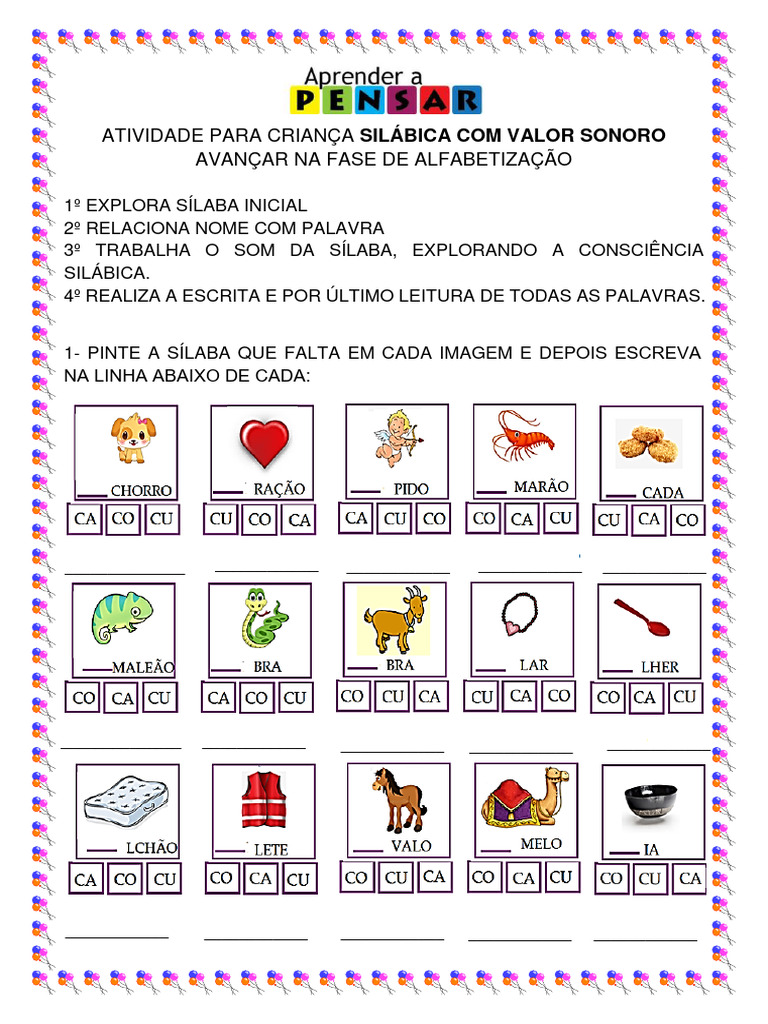 Atividade para Silábica Com Valor Sonoro | PDF