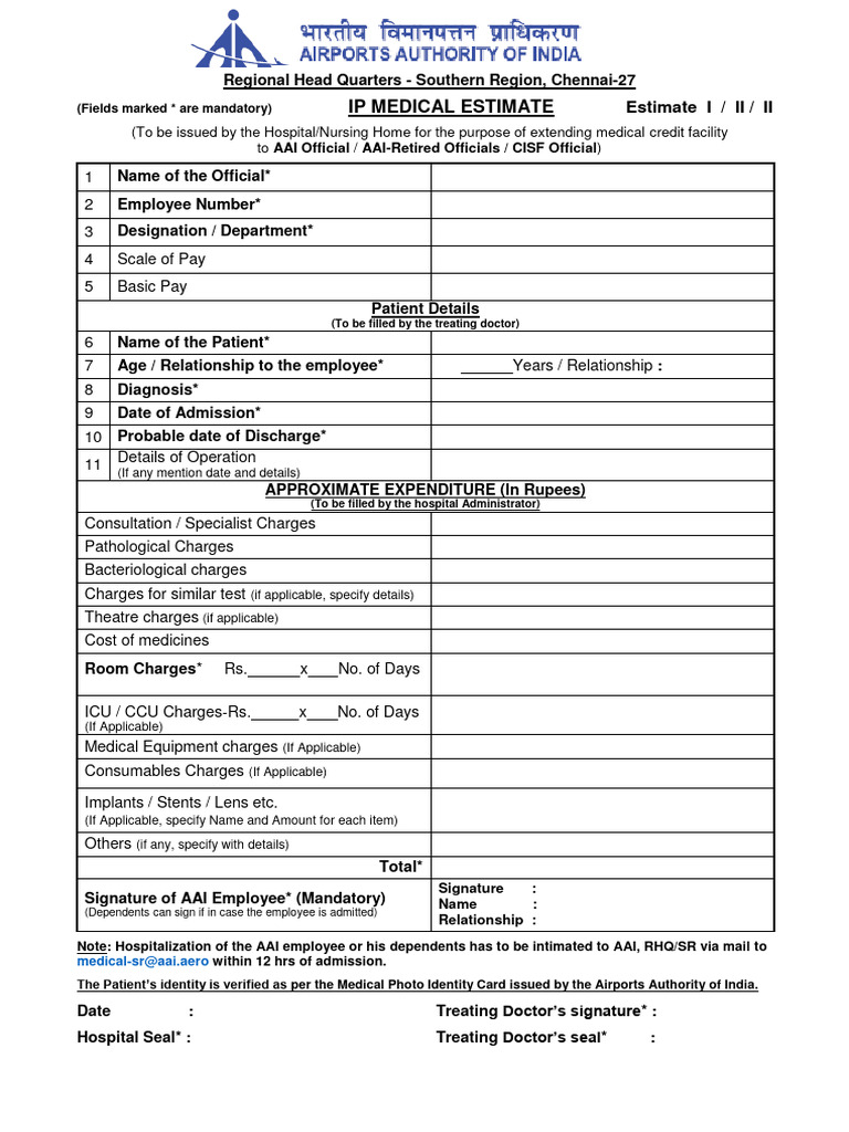 IP Panel Hospital Medical Estimate Form - NEW | PDF | Hospital | Patient