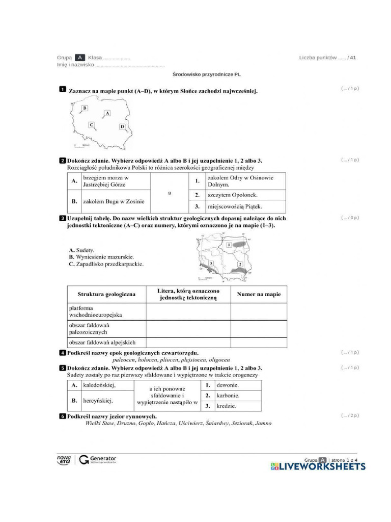 Sprawdzian Z Geografi Klasa 7 Dział 2 środowisko Przyrodnicze Polski