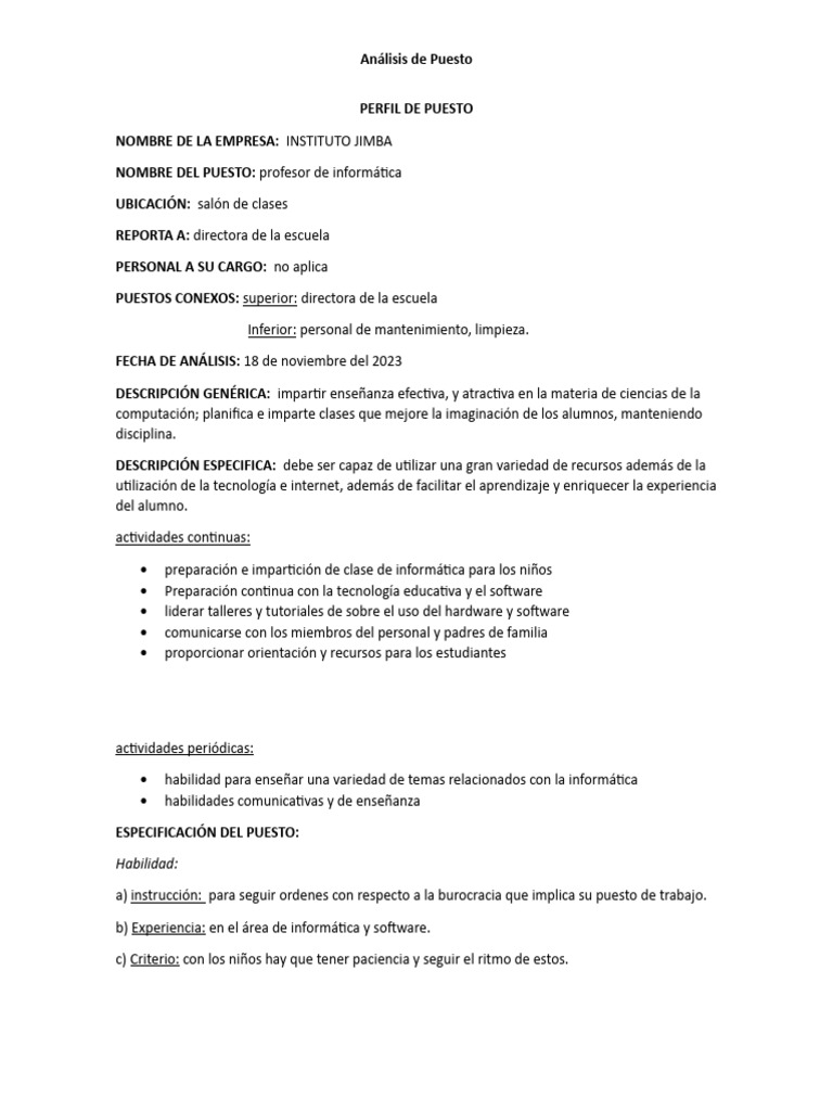 Perfil de Puesto | PDF | Enseñando | Aprendizaje
