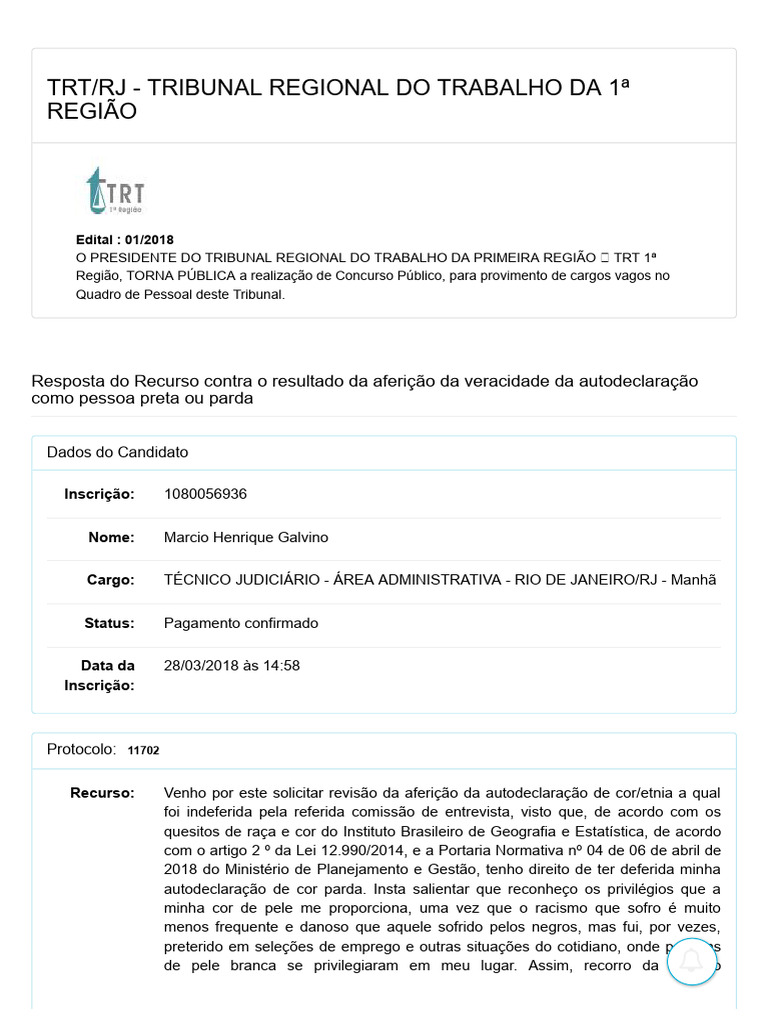 Recurso Indeferido: Autodeclaração Étnica | PDF