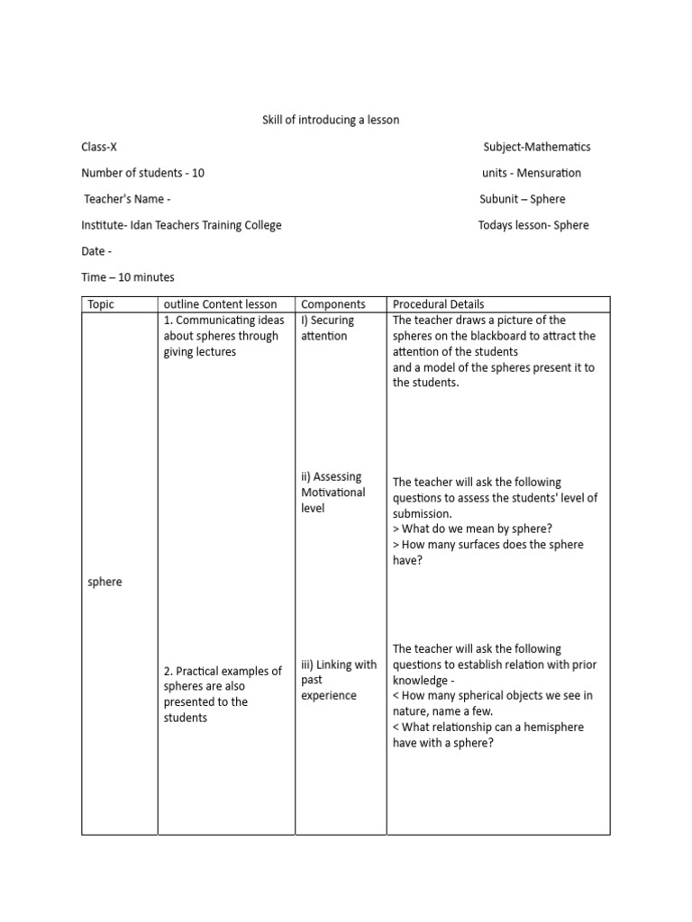 Micro Teaching: Sphere Lesson Plan | PDF | Sphere | Volume