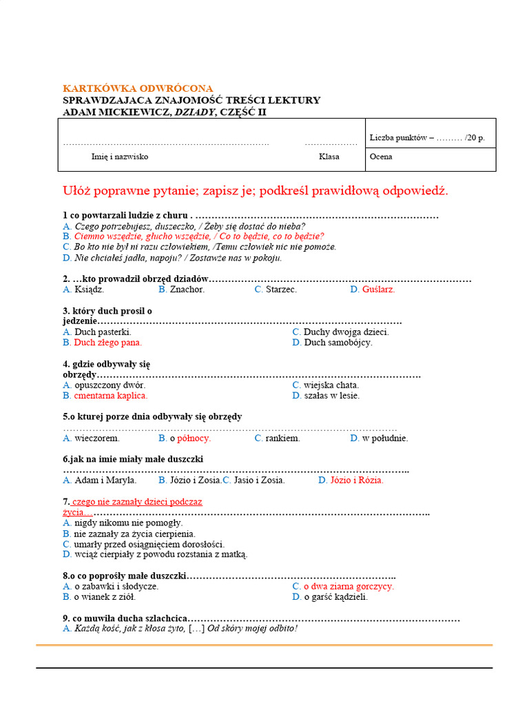 Dziady Cz 3 Pytania Otwarte Test Dziady Czesc Kartkówka Odwrócona | PDF