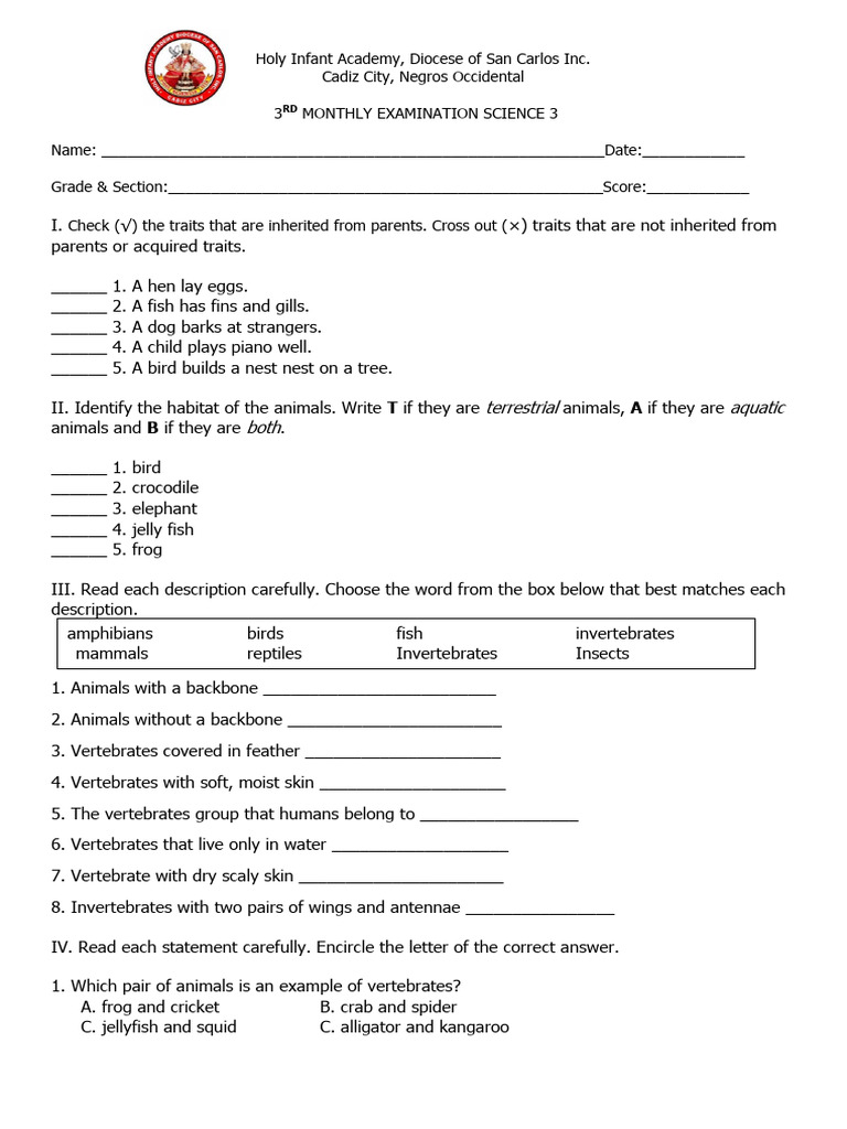 SCI. 3 3rd Monthly Exam | PDF | Vertebrates | Invertebrate