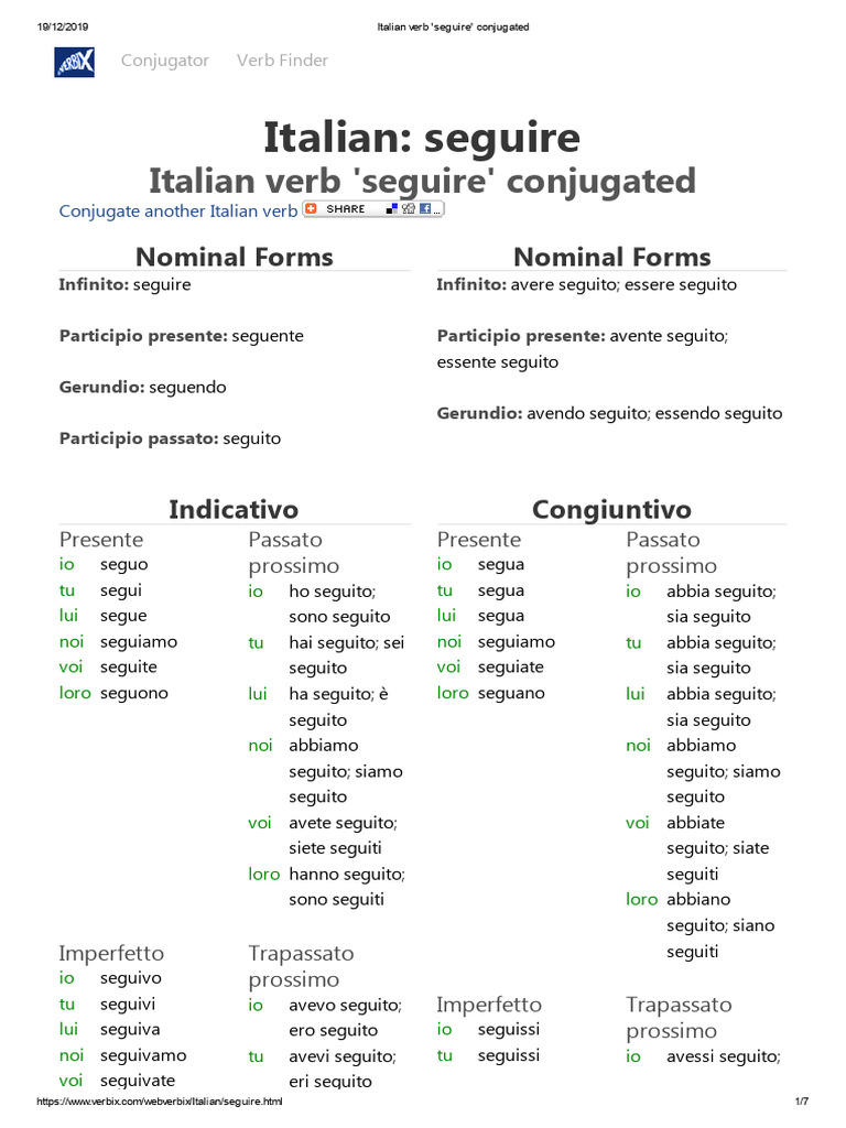 Italian Verb 'Seguire' Conjugated | PDF