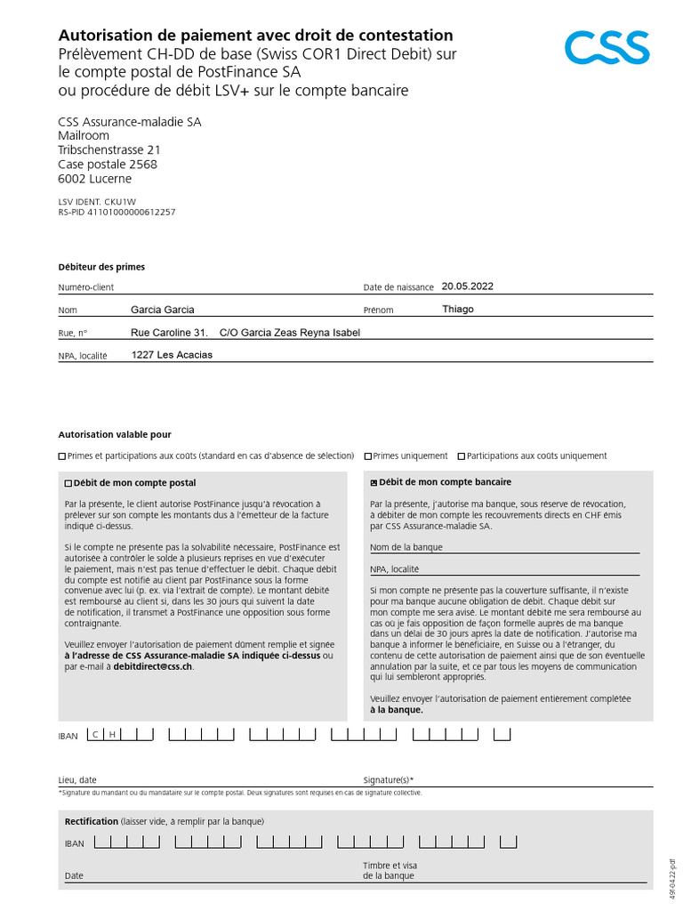 Autorisation de Prélèvement CSS Assurance | PDF | Banques | Compte bancaire