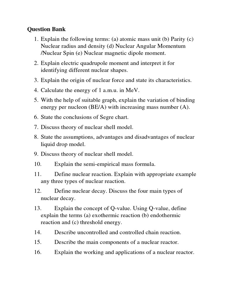 Question Bank Nuclear Physics Pdf Nuclear Reaction Nuclear Fusion