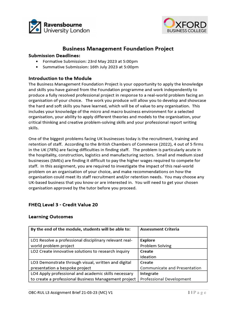 Business Management Foundation Project-Brief-V1 | PDF | Informed ...