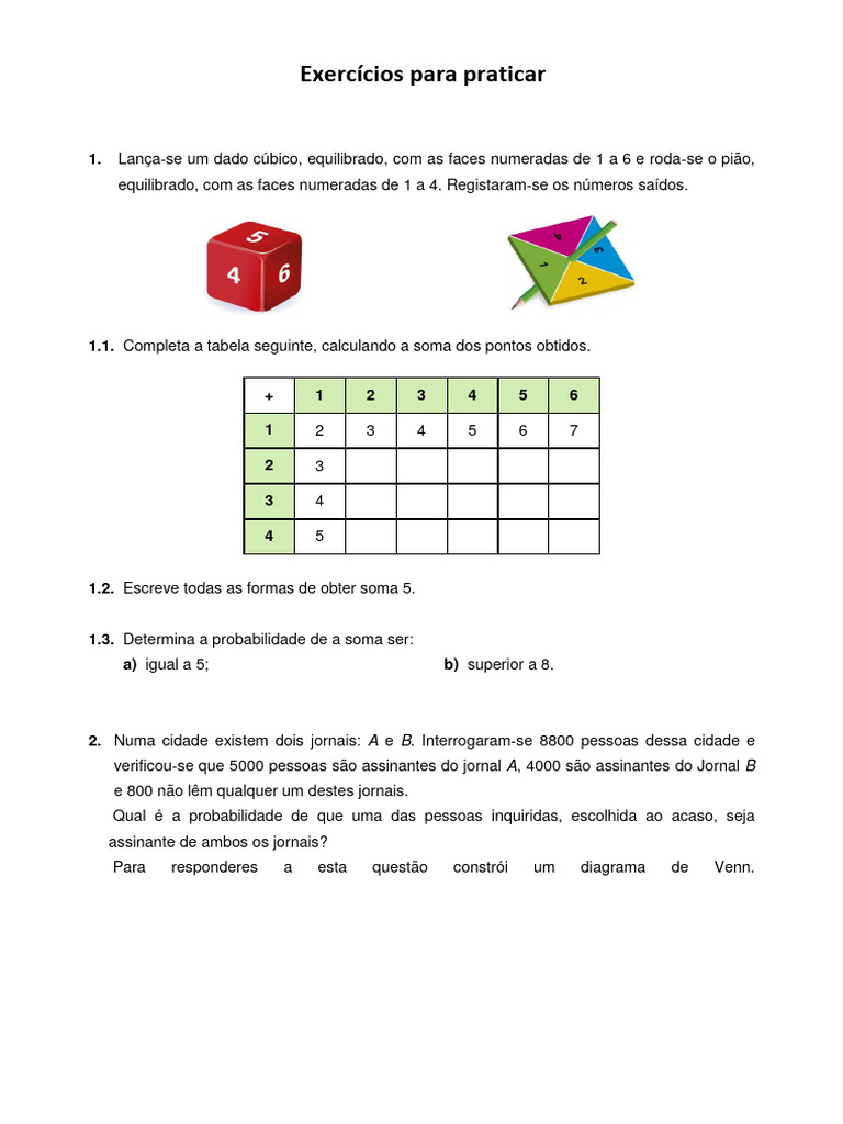 Exercícios Para Praticar (Diagrama de Venn, Tabelas de Dupla Entrada,  Diagrama Em Árvore), PDF