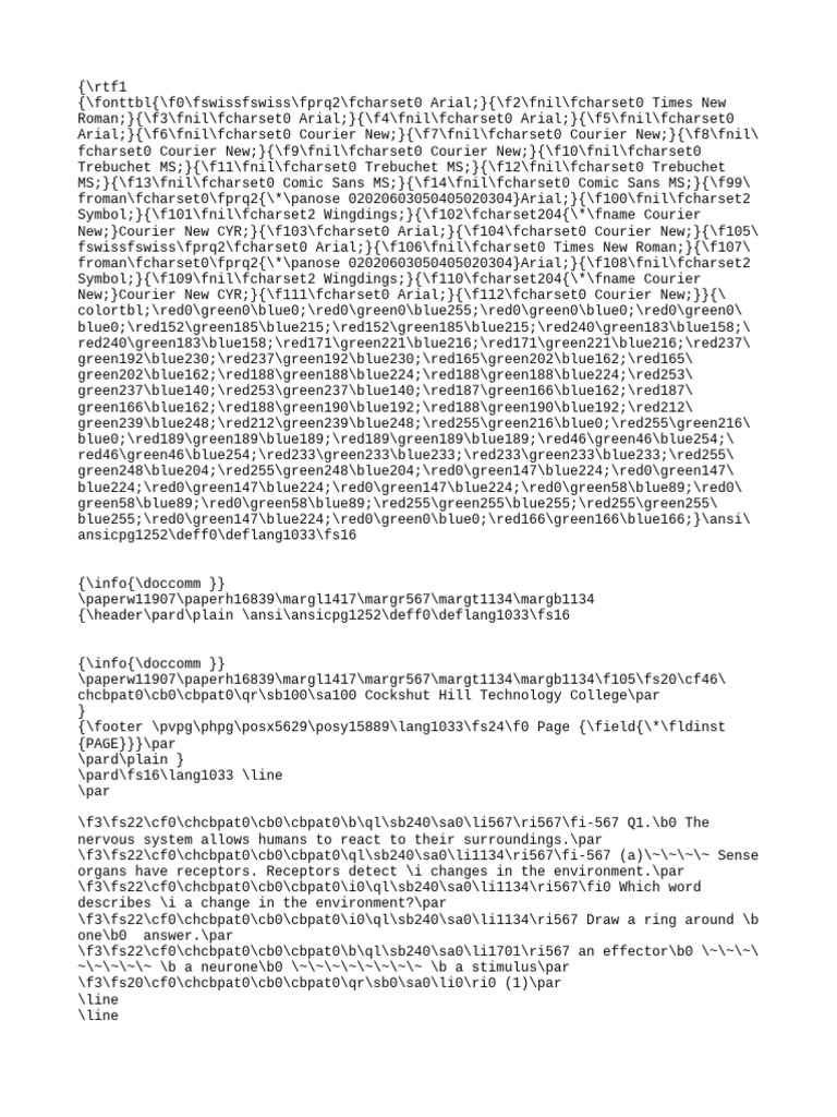 Human Nervous System Questions Pdf Neuroscience Microsoft Typefaces