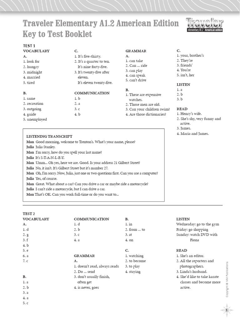 Traveler amer elementary a1 2 key to tests pdf soup foods