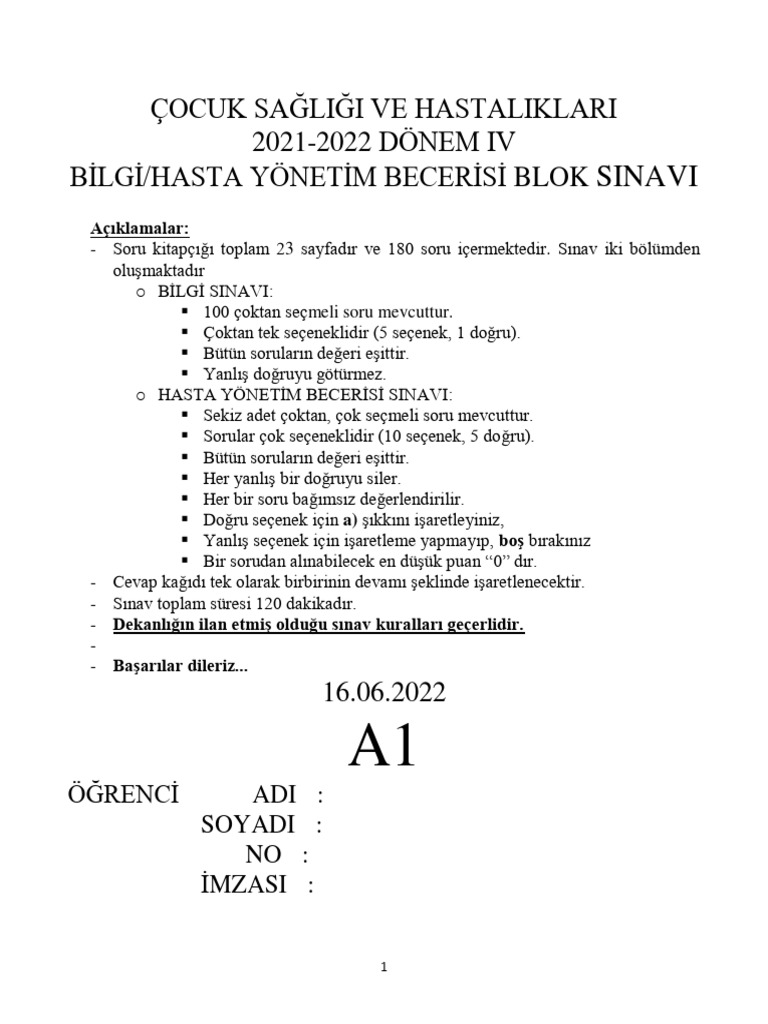 20221-2022 4 Sinif 4 Grup Pediatri Sorular A1 | PDF