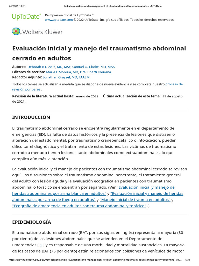 Initial Evaluation and Management of Blunt Abdominal Trauma in Adults ...