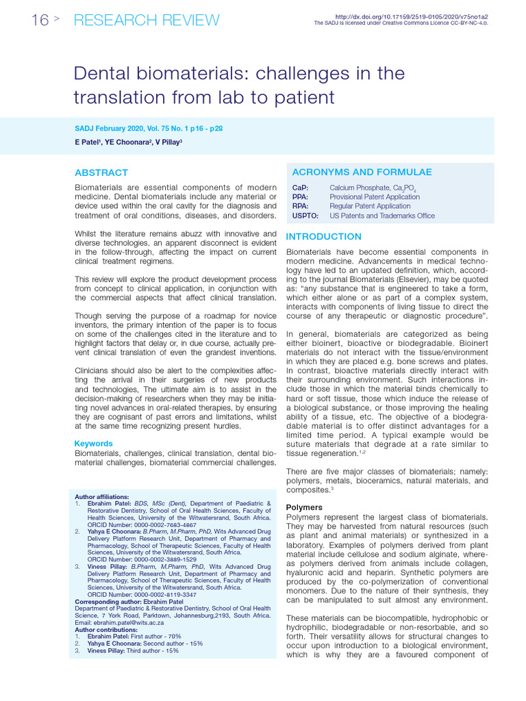 PAper Dental Biomaterials PDF Patent Biomaterial