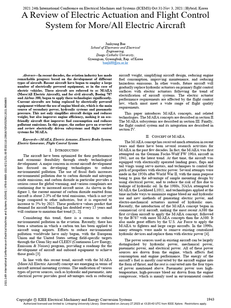 A Review of Electric Actuation and Flight Control System For More All