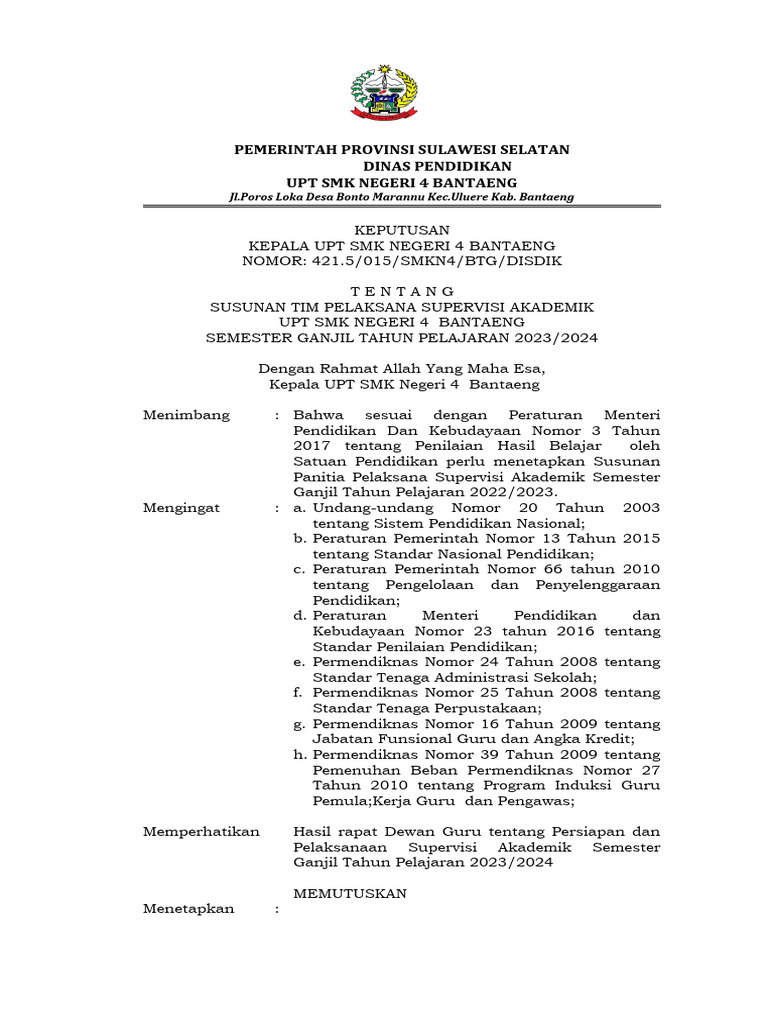 01 SK Tim Pelaksana Supak | PDF