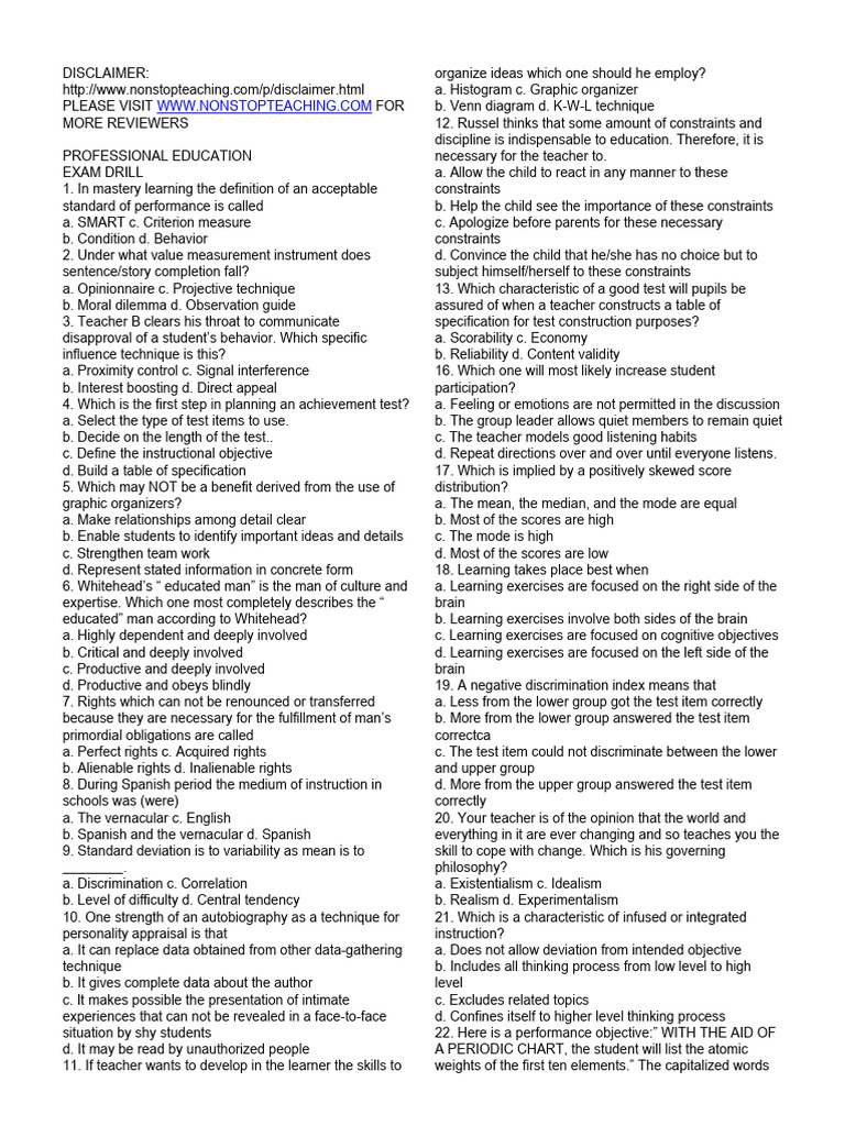 Professional Education Exam Reviewer | PDF | Teachers | Learning