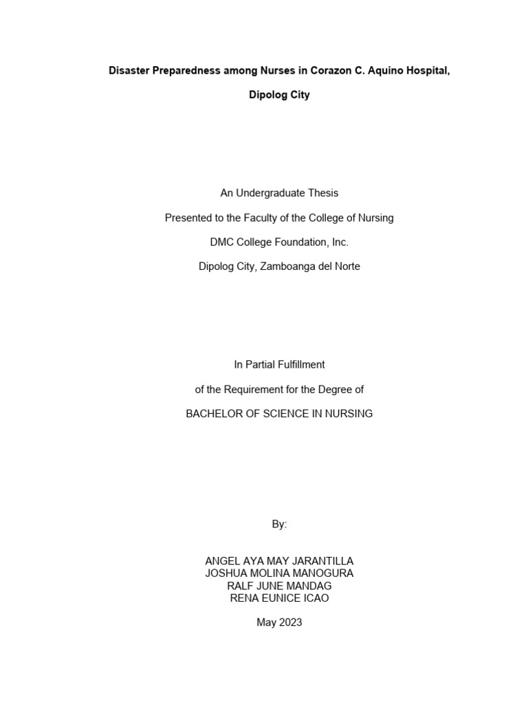 Disaster Preparedness Among Nurses In Corazon Pdf Nursing Natural